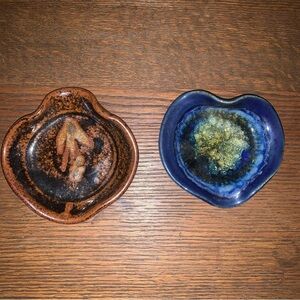 Southern Art Pottery Set Of 2 Trinket Dish Blue Green Brown Gold Glaze